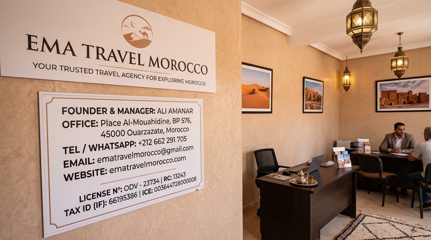 Interior of the Ema Travel Morocco office in Ouarzazate displaying contact details, founder Ali Amanar, and official agency licensing information.